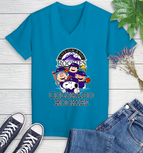 MLB Colorado Rockies Snoopy Charlie Brown Woodstock The Peanuts Movie Baseball T Shirt_000 Women's V-Neck T-Shirt 7
