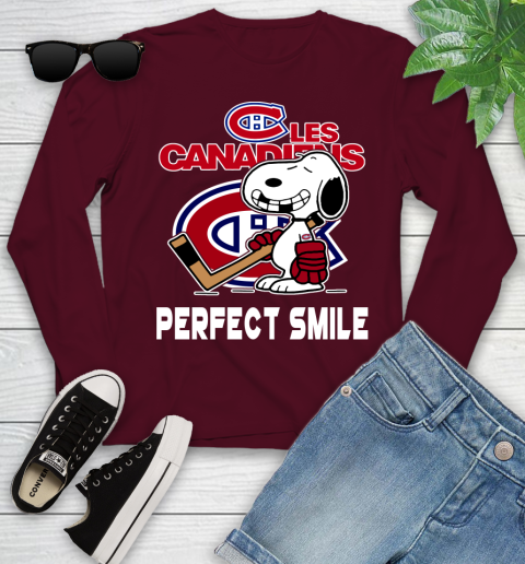 NHL Montreal Canadiens Snoopy Perfect Smile The Peanuts Movie Hockey T Shirt Youth Long Sleeve 6
