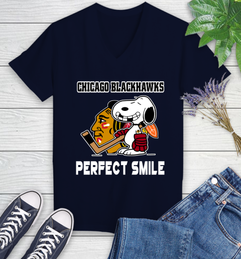 NHL Chicago Blackhawks Snoopy Perfect Smile The Peanuts Movie Hockey T Shirt Women's V-Neck T-Shirt 2