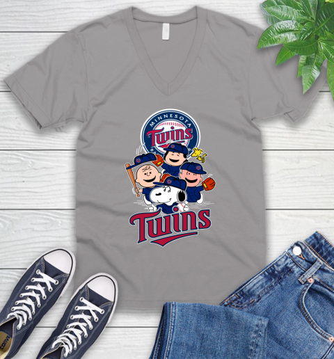 MLB Minnesota Twins Snoopy Charlie Brown Woodstock The Peanuts Movie Baseball T Shirt_000 V-Neck T-Shirt 3