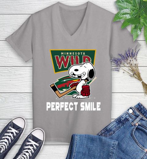 NHL Minnesota Wild Snoopy Perfect Smile The Peanuts Movie Hockey T Shirt Women's V-Neck T-Shirt 4