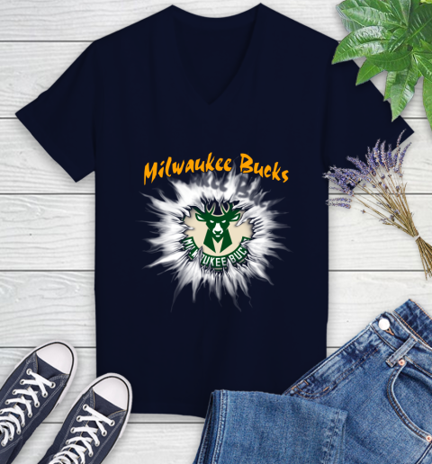 Milwaukee Bucks NBA Basketball Rip Sports Women's V-Neck T-Shirt 2