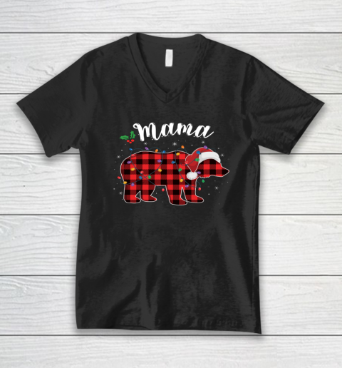 Mama Bear Buffalo Red Plaid Matching Family Christmas Pajama V-Neck T-Shirt