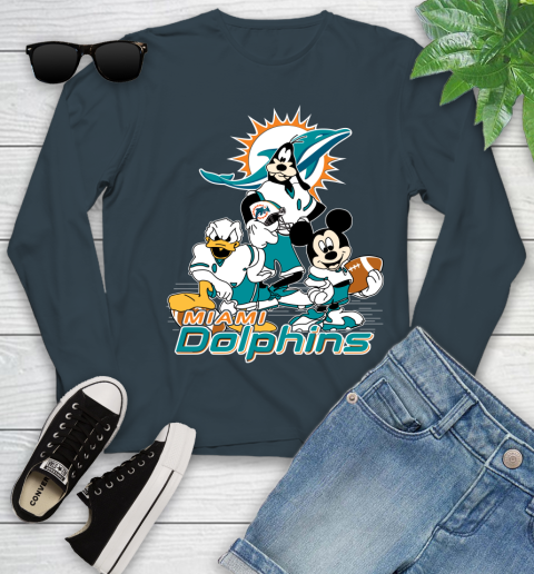 NFL Miami Dolphins Mickey Mouse Donald Duck Goofy Football Shirt Youth Long Sleeve 9