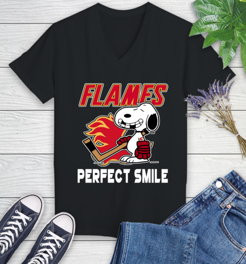 NHL Calgary Flames Snoopy Perfect Smile The Peanuts Movie Hockey T Shirt Women's V-Neck T-Shirt