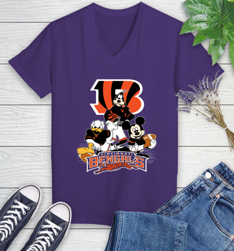 NFL Cincinnati Bengals Mickey Mouse Donald Duck Goofy Football Shirt Women's V-Neck T-Shirt 3