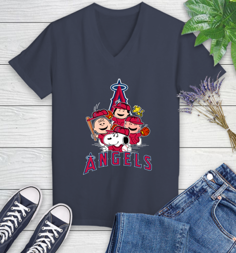 MLB Los Angeles Angels Snoopy Charlie Brown Woodstock The Peanuts Movie Baseball T Shirt_000 Women's V-Neck T-Shirt 12