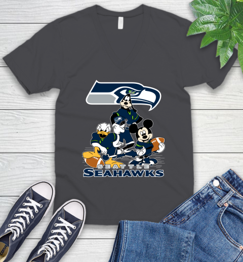 NFL Seattle Seahawks Mickey Mouse Donald Duck Goofy Football Shirt V-Neck T-Shirt 4