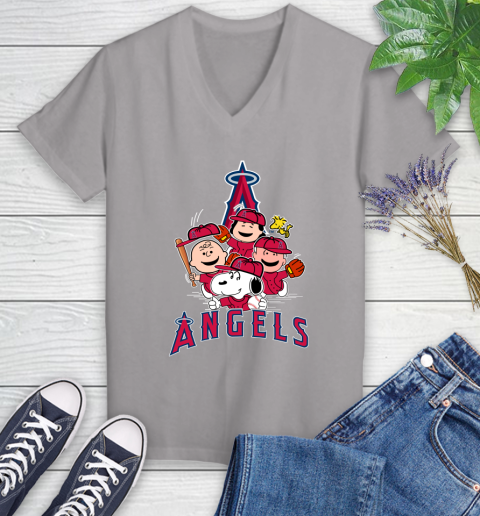 MLB Los Angeles Angels Snoopy Charlie Brown Woodstock The Peanuts Movie Baseball T Shirt_000 Women's V-Neck T-Shirt 4
