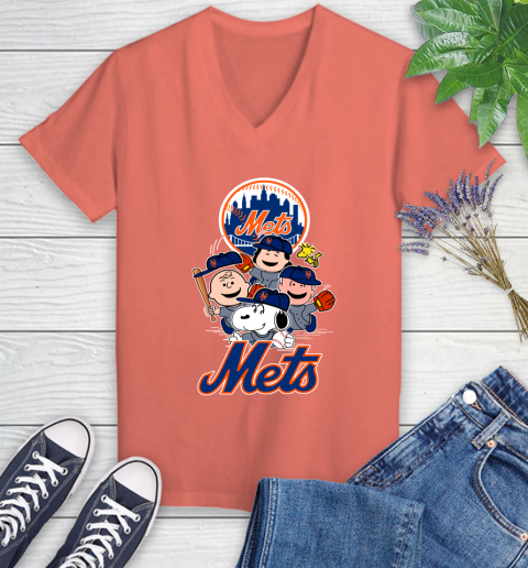 MLB New York Mets Snoopy Charlie Brown Woodstock The Peanuts Movie Baseball T Shirt Women's V-Neck T-Shirt 6
