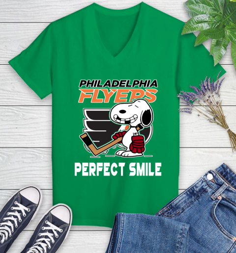 NHL Philadelphia Flyers Snoopy Perfect Smile The Peanuts Movie Hockey T Shirt Women's V-Neck T-Shirt 5