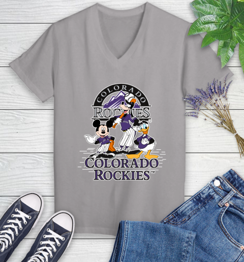 MLB Colorado Rockies Mickey Mouse Donald Duck Goofy Baseball T Shirt Women's V-Neck T-Shirt 4