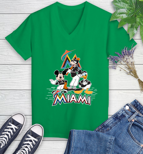 MLB Miami Marlins Mickey Mouse Donald Duck Goofy Baseball T Shirt Women's V-Neck T-Shirt 5