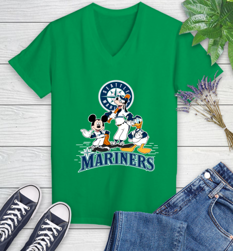 MLB Seattle Mariners Mickey Mouse Donald Duck Goofy Baseball T Shirt Women's V-Neck T-Shirt 5