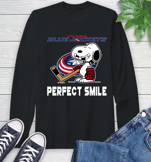 NHL Columbus Blue Jackets Snoopy Perfect Smile The Peanuts Movie Hockey T Shirt Long Sleeve T-Shirt