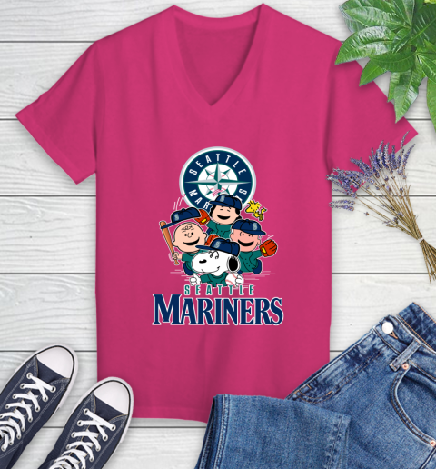 MLB Seattle Mariners Snoopy Charlie Brown Woodstock The Peanuts Movie Baseball T Shirt_000 Women's V-Neck T-Shirt 9