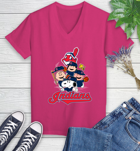 MLB Cleveland Indians Snoopy Charlie Brown Woodstock The Peanuts Movie Baseball T Shirt_000 Women's V-Neck T-Shirt 9
