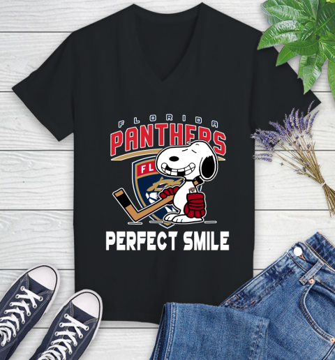 NHL Florida Panthers Snoopy Perfect Smile The Peanuts Movie Hockey T Shirt Women's V-Neck T-Shirt