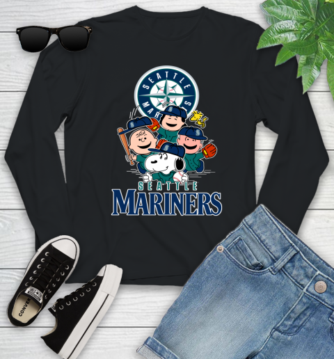 MLB Seattle Mariners Snoopy Charlie Brown Woodstock The Peanuts Movie Baseball T Shirt_000 Youth Long Sleeve