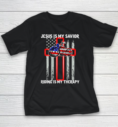 Jesus Is My Savior Riding Is My Therapy American Flag Cross Youth T-Shirt