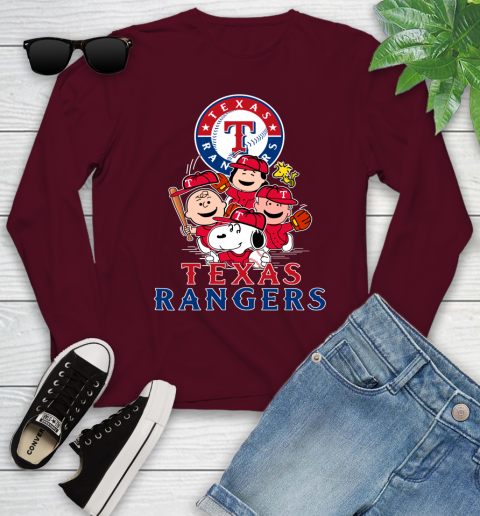 MLB Texas Rangers Snoopy Charlie Brown Woodstock The Peanuts Movie Baseball T Shirt Youth Long Sleeve 6
