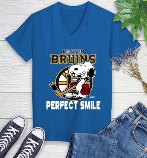 NHL Boston Bruins Snoopy Perfect Smile The Peanuts Movie Hockey T Shirt Women's V-Neck T-Shirt 10