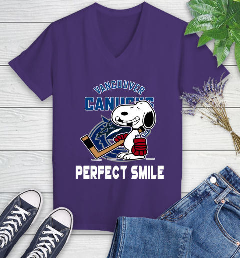 NHL Vancouver Canucks Snoopy Perfect Smile The Peanuts Movie Hockey T Shirt Women's V-Neck T-Shirt 3