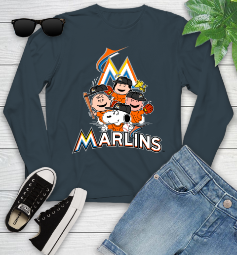 MLB Miami Marlins Snoopy Charlie Brown Woodstock The Peanuts Movie Baseball T Shirt Youth Long Sleeve 9
