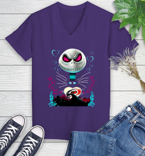 NHL Carolina Hurricanes Jack Skellington Sally The Nightmare Before Christmas Hockey T Shirt Women's V-Neck T-Shirt 3