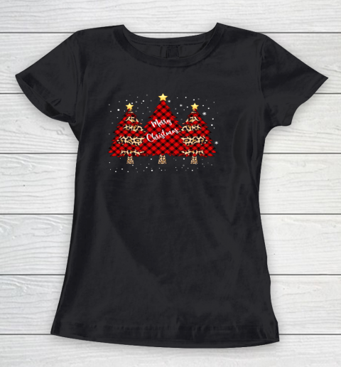 Merry Christmas Tree Leopard and Buffalo Plaid Xmas Tree Women's T-Shirt