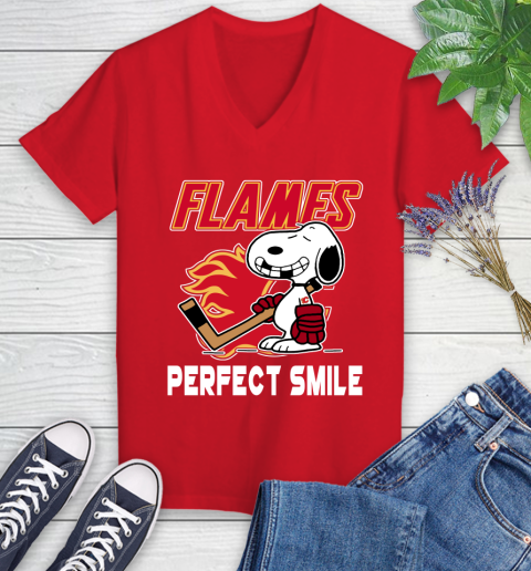 NHL Calgary Flames Snoopy Perfect Smile The Peanuts Movie Hockey T Shirt Women's V-Neck T-Shirt 11
