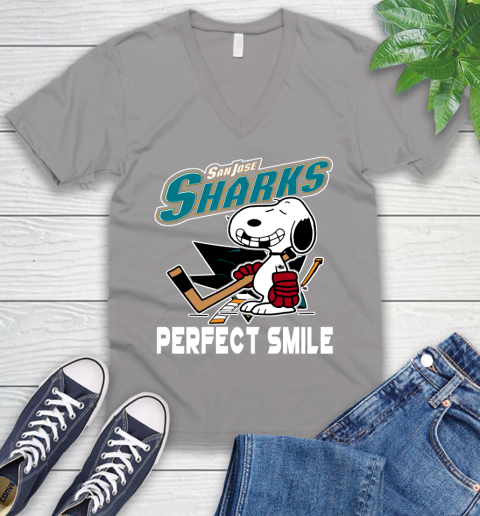 NHL San Jose Sharks Snoopy Perfect Smile The Peanuts Movie Hockey T Shirt V-Neck T-Shirt 3