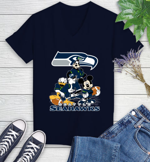 NFL Seattle Seahawks Mickey Mouse Donald Duck Goofy Football Shirt Women's V-Neck T-Shirt 2