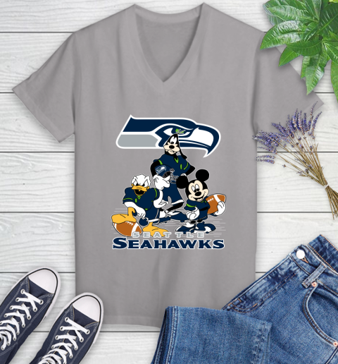 NFL Seattle Seahawks Mickey Mouse Donald Duck Goofy Football Shirt Women's V-Neck T-Shirt 4