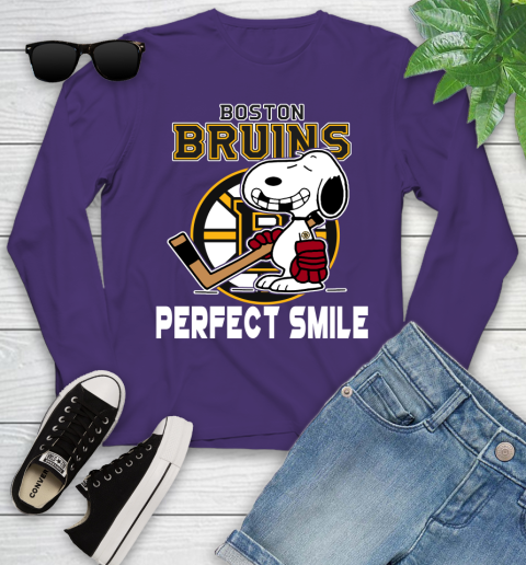 NHL Boston Bruins Snoopy Perfect Smile The Peanuts Movie Hockey T Shirt Youth Long Sleeve 4
