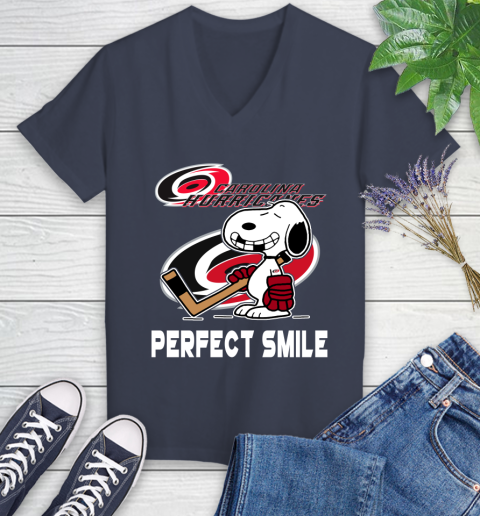 NHL Carolina Hurricanes Snoopy Perfect Smile The Peanuts Movie Hockey T Shirt Women's V-Neck T-Shirt 12