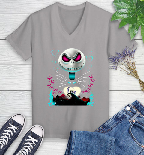 MLB Colorado Rockies Jack Skellington Sally The Nightmare Before Christmas Baseball Women's V-Neck T-Shirt 4