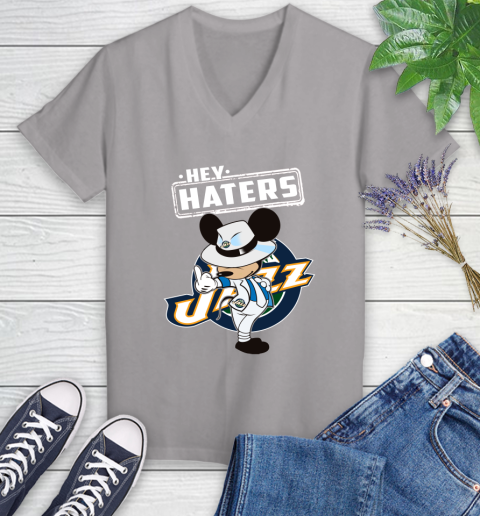 NBA Hey Haters Mickey Basketball Sports Utah Jazz Women's V-Neck T-Shirt 4