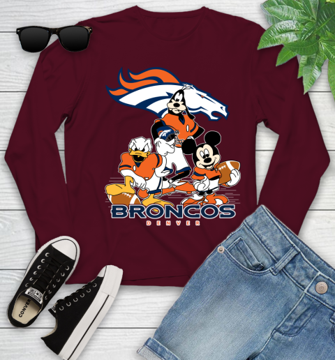 NFL Denver Broncos Mickey Mouse Donald Duck Goofy Football Shirt Youth Long Sleeve 6