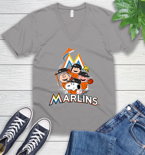 MLB Miami Marlins Snoopy Charlie Brown Woodstock The Peanuts Movie Baseball T Shirt V-Neck T-Shirt 3