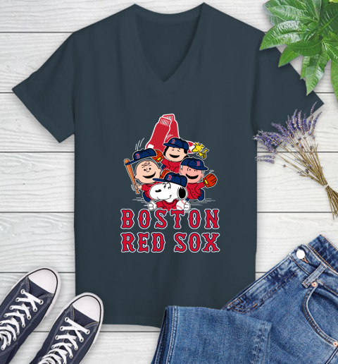 MLB Boston Red Sox Snoopy Charlie Brown Woodstock The Peanuts Movie Baseball T Shirt Women's V-Neck T-Shirt 8