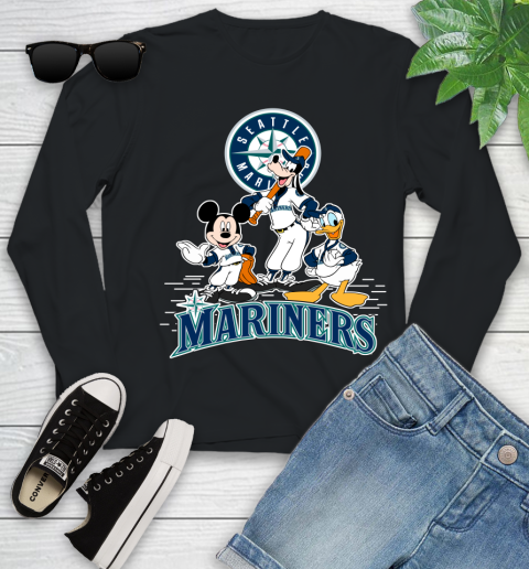 MLB Seattle Mariners Mickey Mouse Donald Duck Goofy Baseball T Shirt Youth Long Sleeve