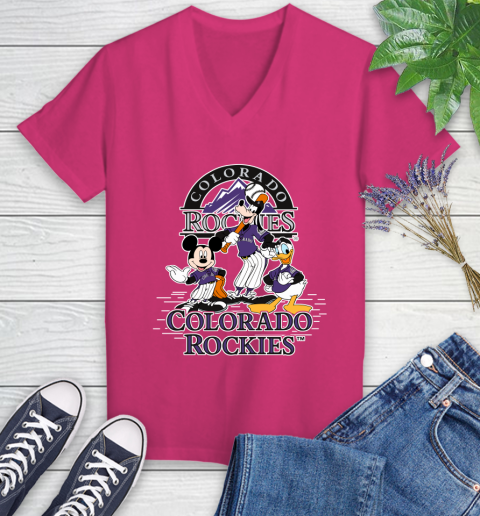 MLB Colorado Rockies Mickey Mouse Donald Duck Goofy Baseball T Shirt Women's V-Neck T-Shirt 9