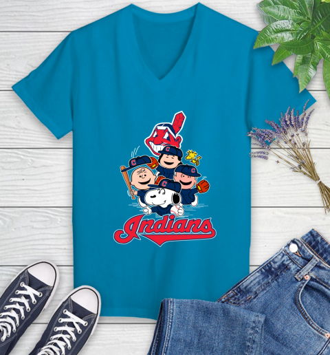 MLB Cleveland Indians Snoopy Charlie Brown Woodstock The Peanuts Movie Baseball T Shirt_000 Women's V-Neck T-Shirt 7
