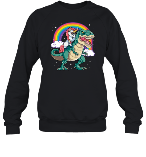 Unicorn Riding Dinosaur T rex Funny Men Women Rainbow Gifts Adult Crewneck Sweatshirt