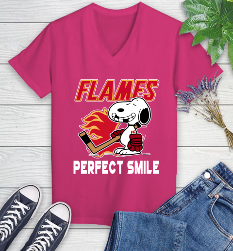 NHL Calgary Flames Snoopy Perfect Smile The Peanuts Movie Hockey T Shirt Women's V-Neck T-Shirt 9
