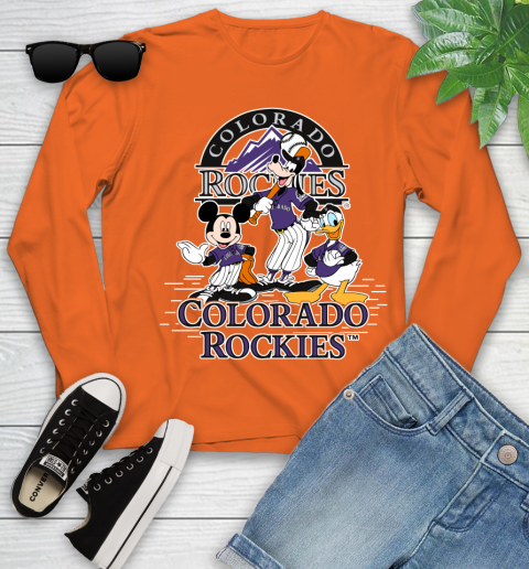 MLB Colorado Rockies Mickey Mouse Donald Duck Goofy Baseball T Shirt Youth Long Sleeve 3