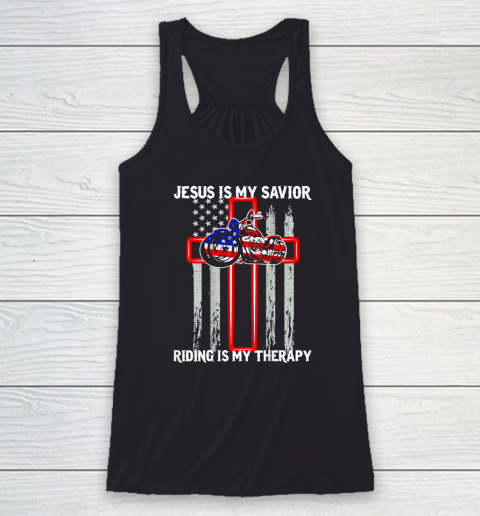 Jesus Is My Savior Riding Is My Therapy American Flag Cross Racerback Tank