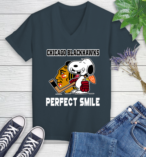 NHL Chicago Blackhawks Snoopy Perfect Smile The Peanuts Movie Hockey T Shirt Women's V-Neck T-Shirt 8