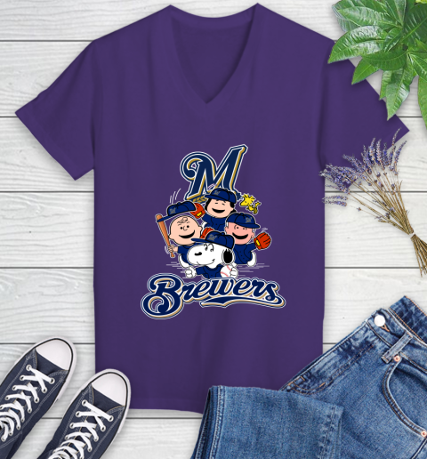 MLB Milwaukee Brewers Snoopy Charlie Brown Woodstock The Peanuts Movie Baseball T Shirt_000 Women's V-Neck T-Shirt 3